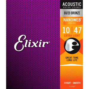 Elixir Nanoweb 80/20 Bronze Extra Light Acoustic Guitar Strings 10-47