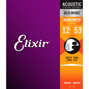 Elixir Nanoweb 80/20 Bronze Light Acoustic Guitar Strings 12-53