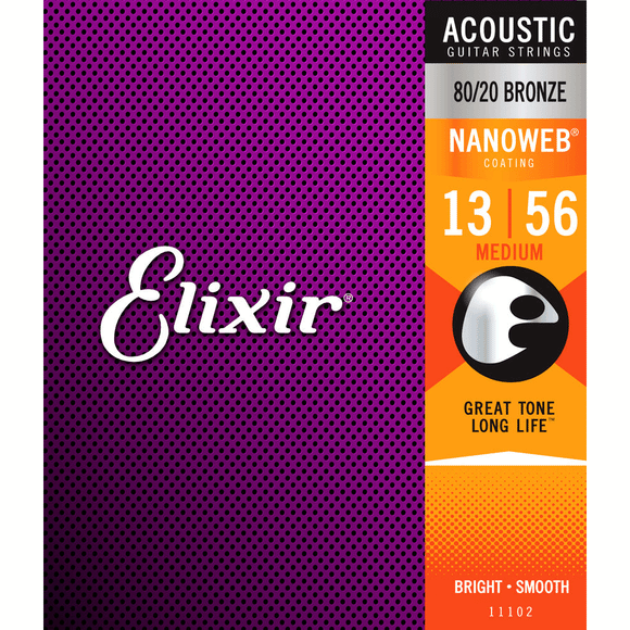 Elixir Nanoweb 80/20 Bronze Medium Acoustic Guitar Strings 13-56