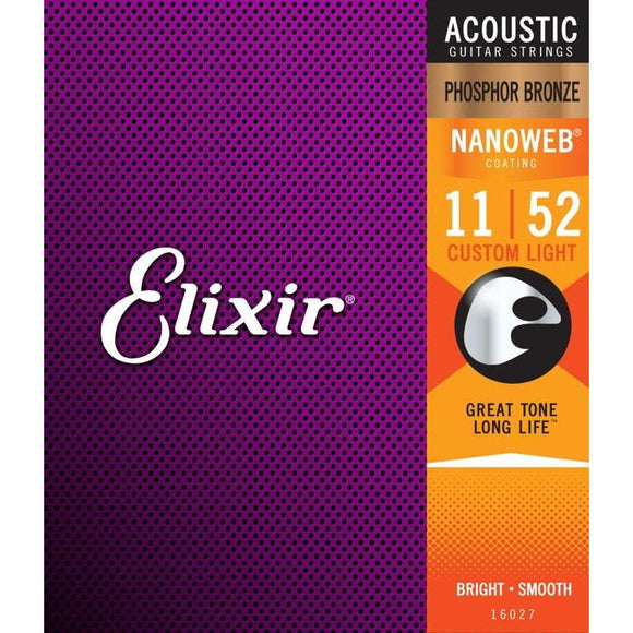 Elixir Nanoweb Phosphor Bronze Custom Light Acoustic Guitar Strings 11-52